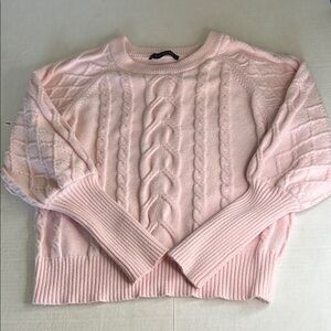 TAHARI SOFT PINK CABLE KNIT ROUND NECK PULL OVER SWEATER SZ S